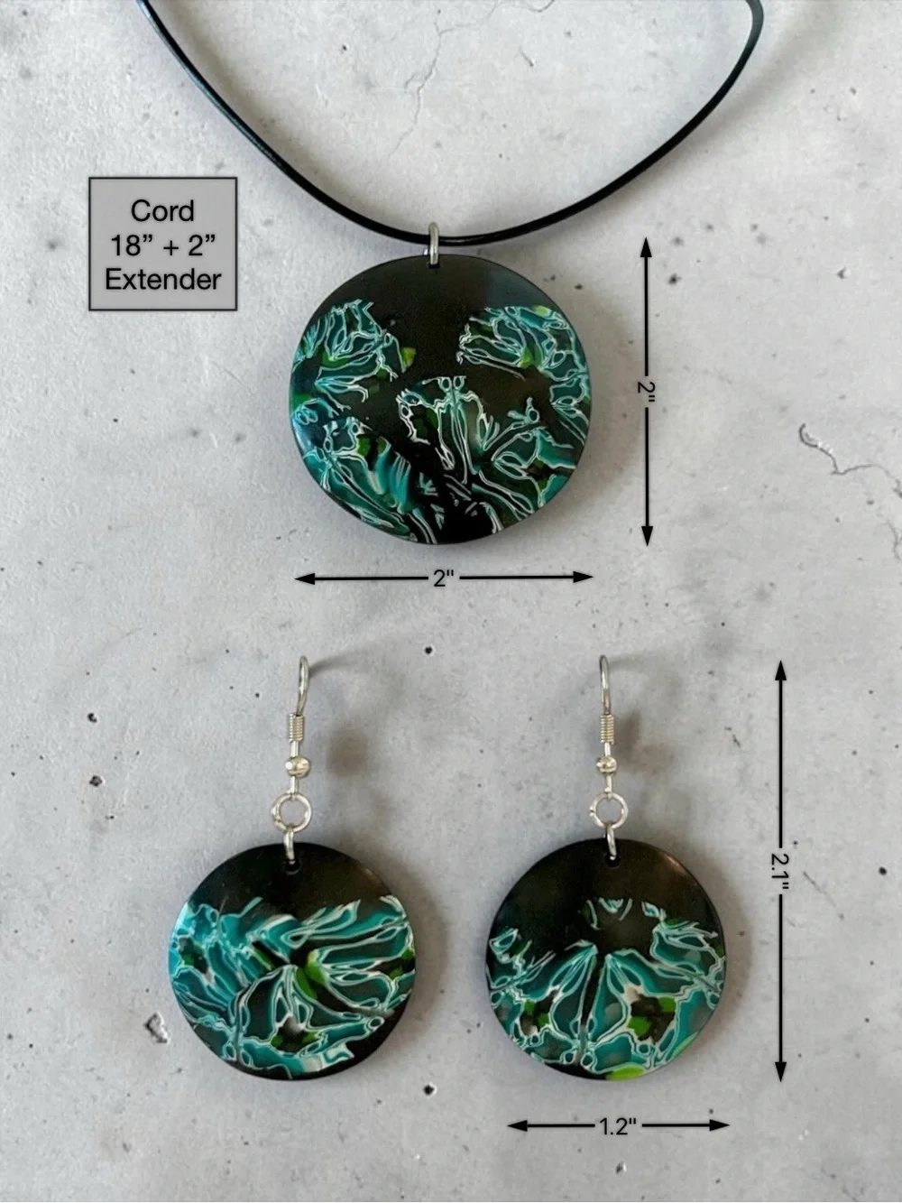 Handmade Blue & Black Abstract Floral Polymer Clay Pendant Necklace Earring Set